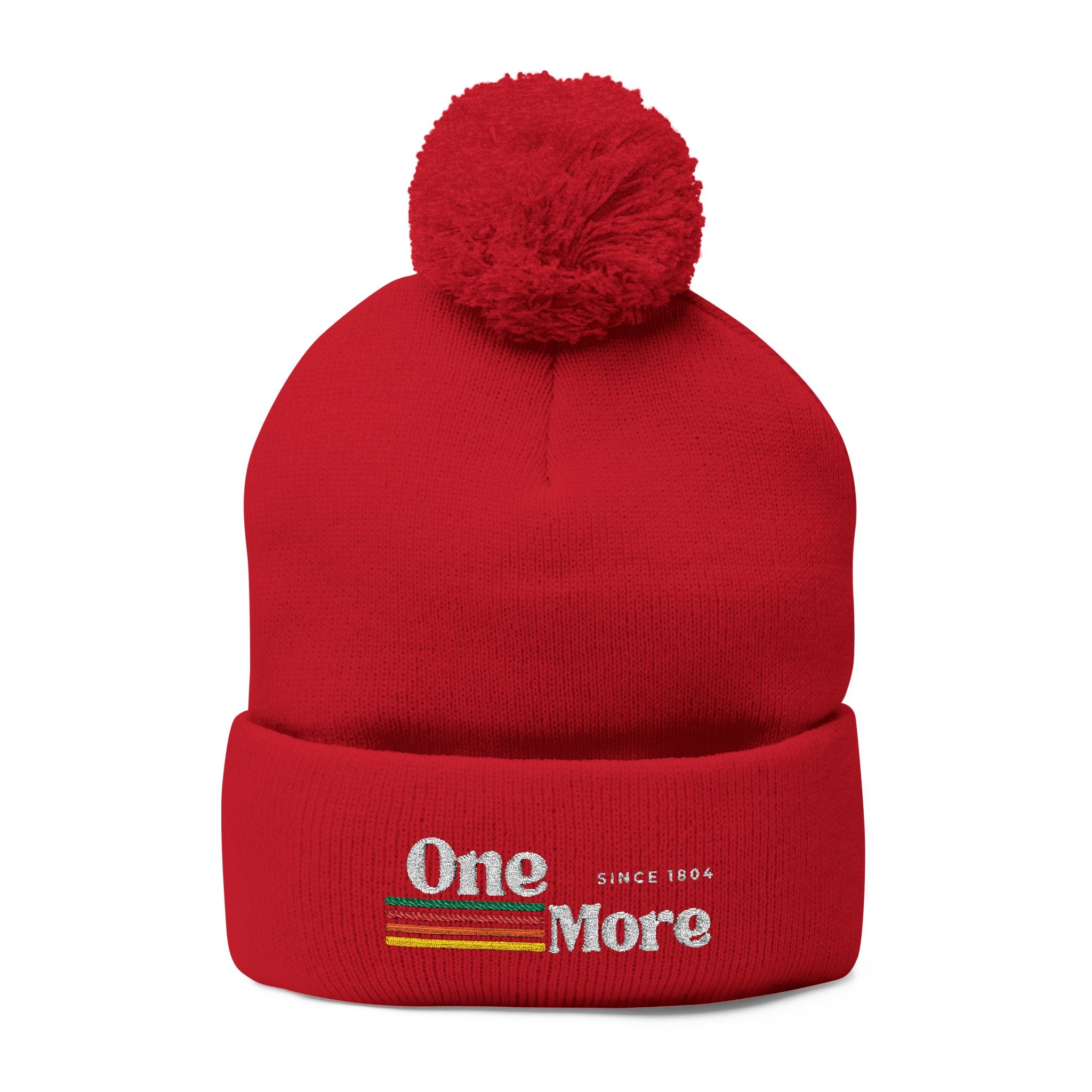 Pom-Pom Knit Cap — Embroidered "One More" Stripe Beanie