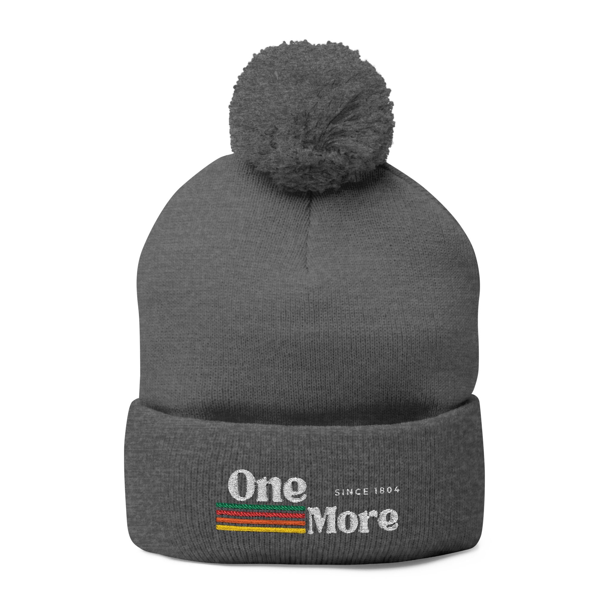 Pom-Pom Knit Cap — Embroidered "One More" Stripe Beanie