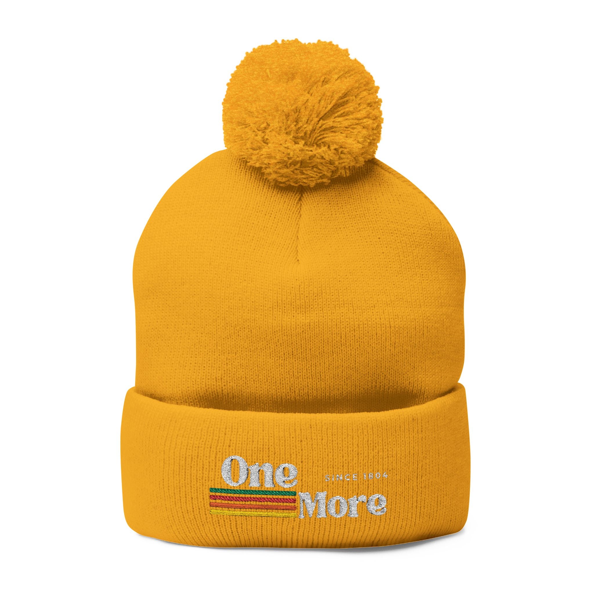 Pom-Pom Knit Cap — Embroidered "One More" Stripe Beanie