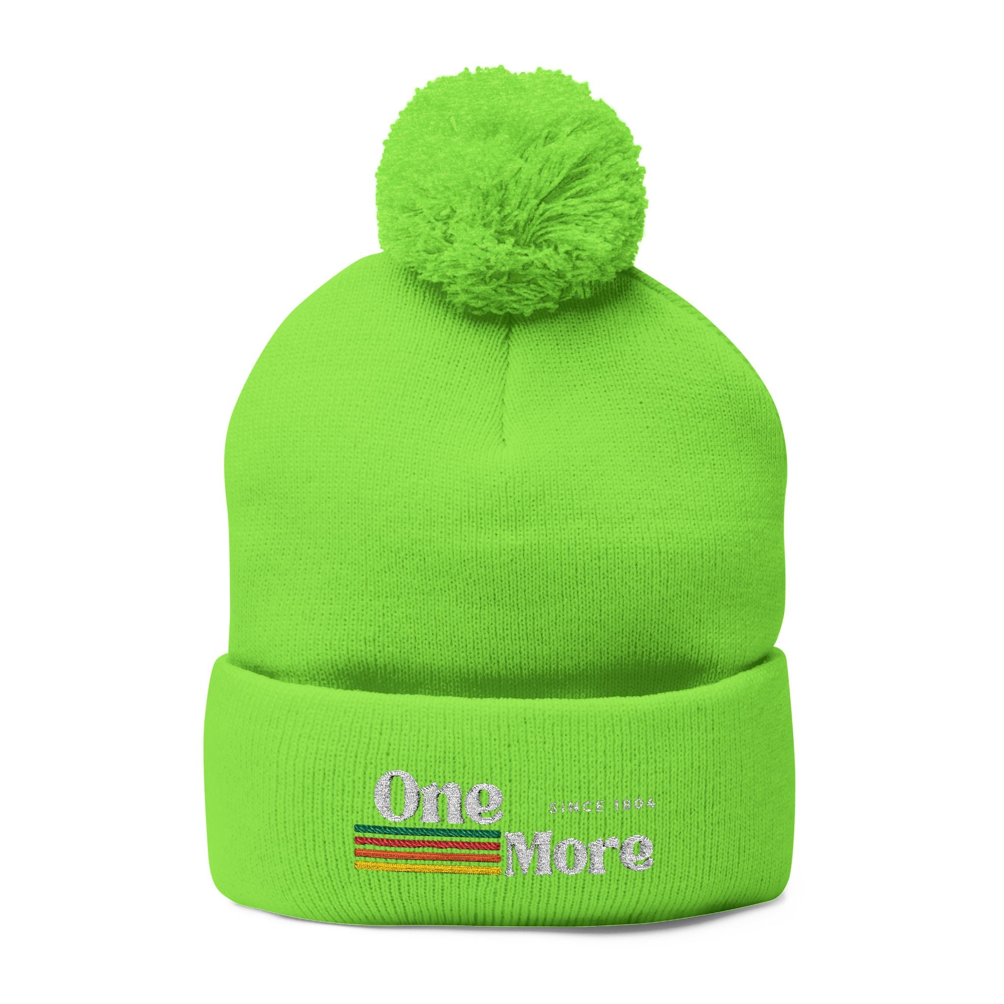 Pom-Pom Knit Cap — Embroidered "One More" Stripe Beanie