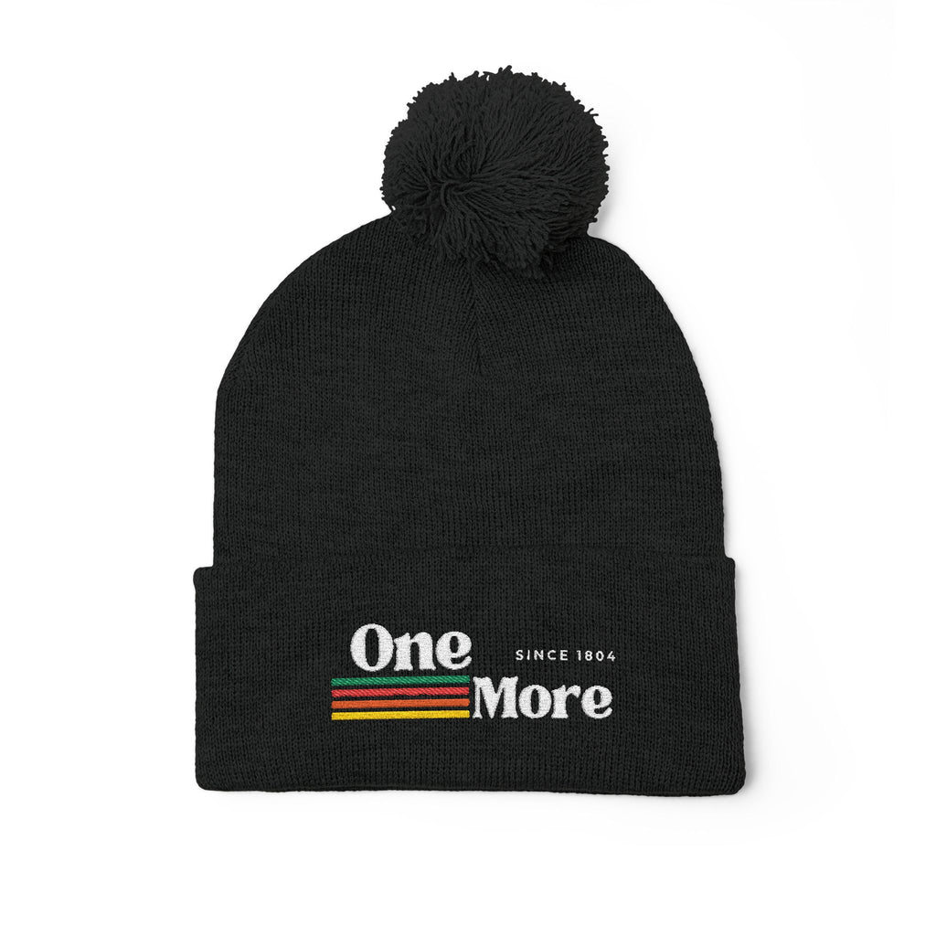 Pom-Pom Knit Cap — Embroidered "One More" Stripe Beanie