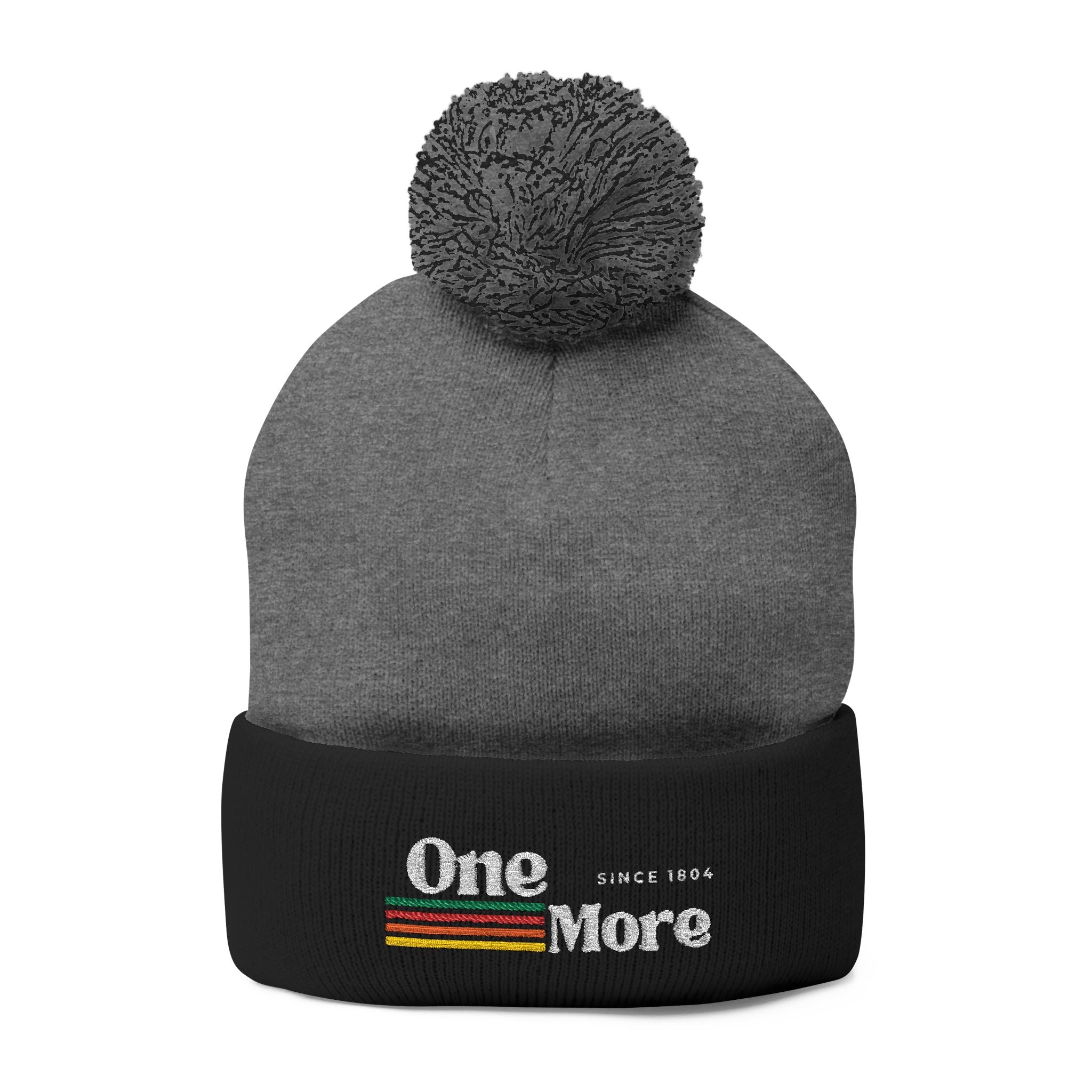 Pom-Pom Knit Cap — Embroidered "One More" Stripe Beanie
