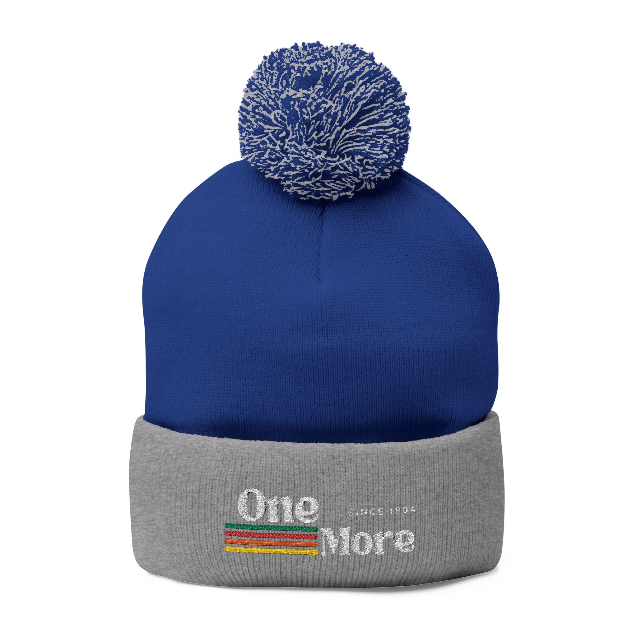 Pom-Pom Knit Cap — Embroidered "One More" Stripe Beanie