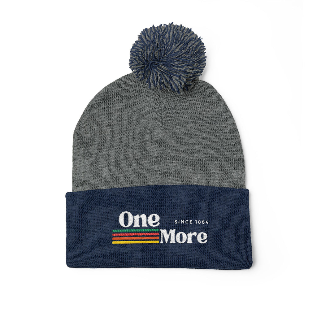 Pom-Pom Knit Cap — Embroidered "One More" Stripe Beanie