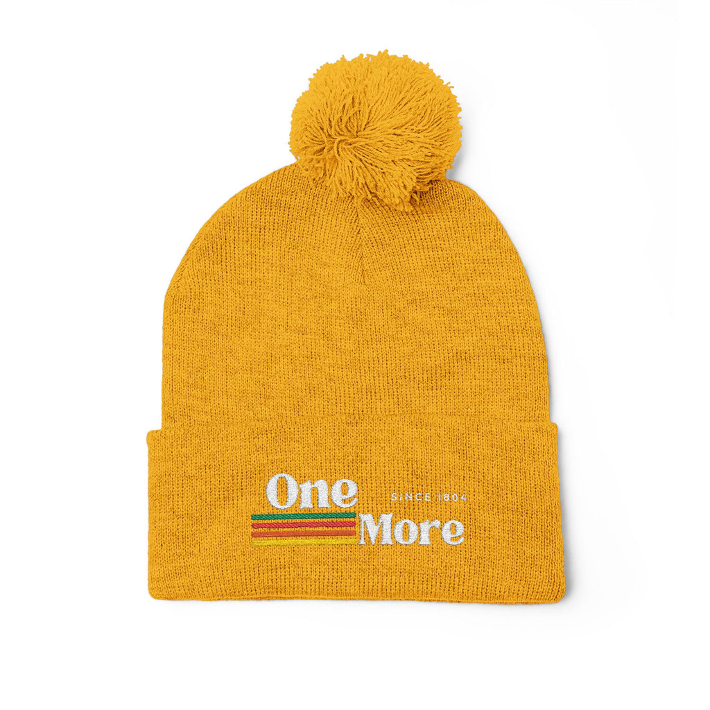 Pom-Pom Knit Cap — Embroidered "One More" Stripe Beanie