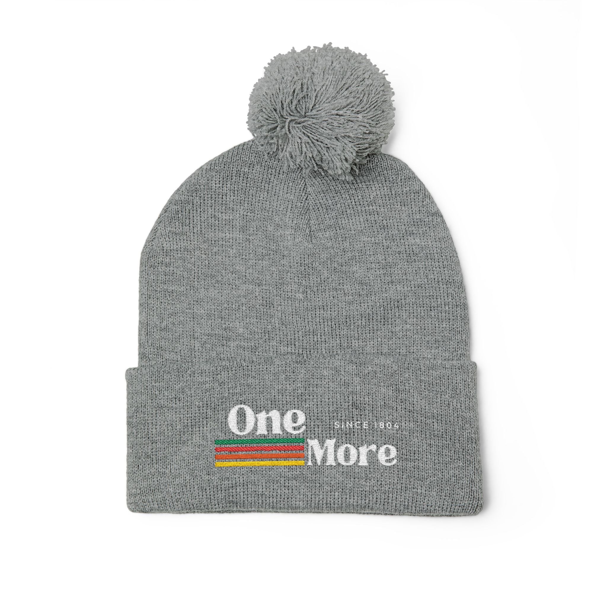 Pom-Pom Knit Cap — Embroidered "One More" Stripe Beanie