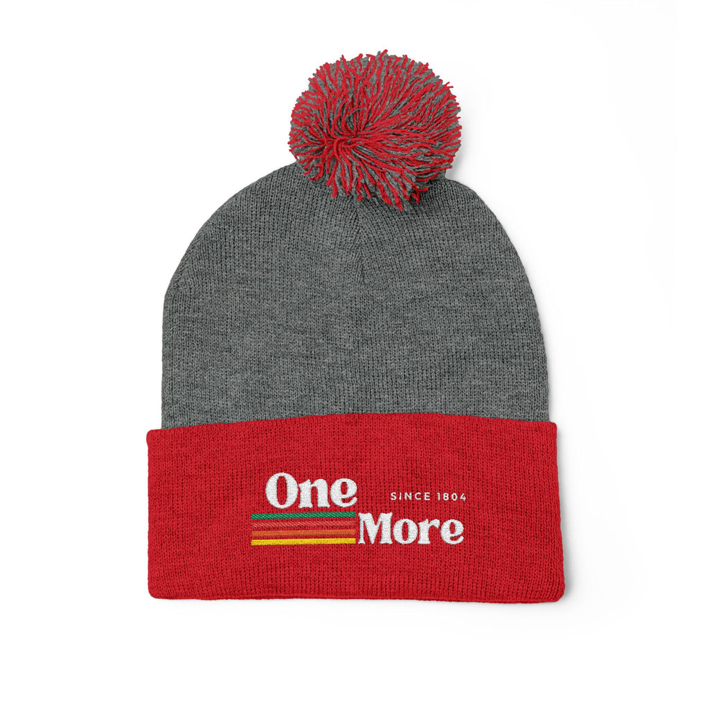 Pom-Pom Knit Cap — Embroidered "One More" Stripe Beanie