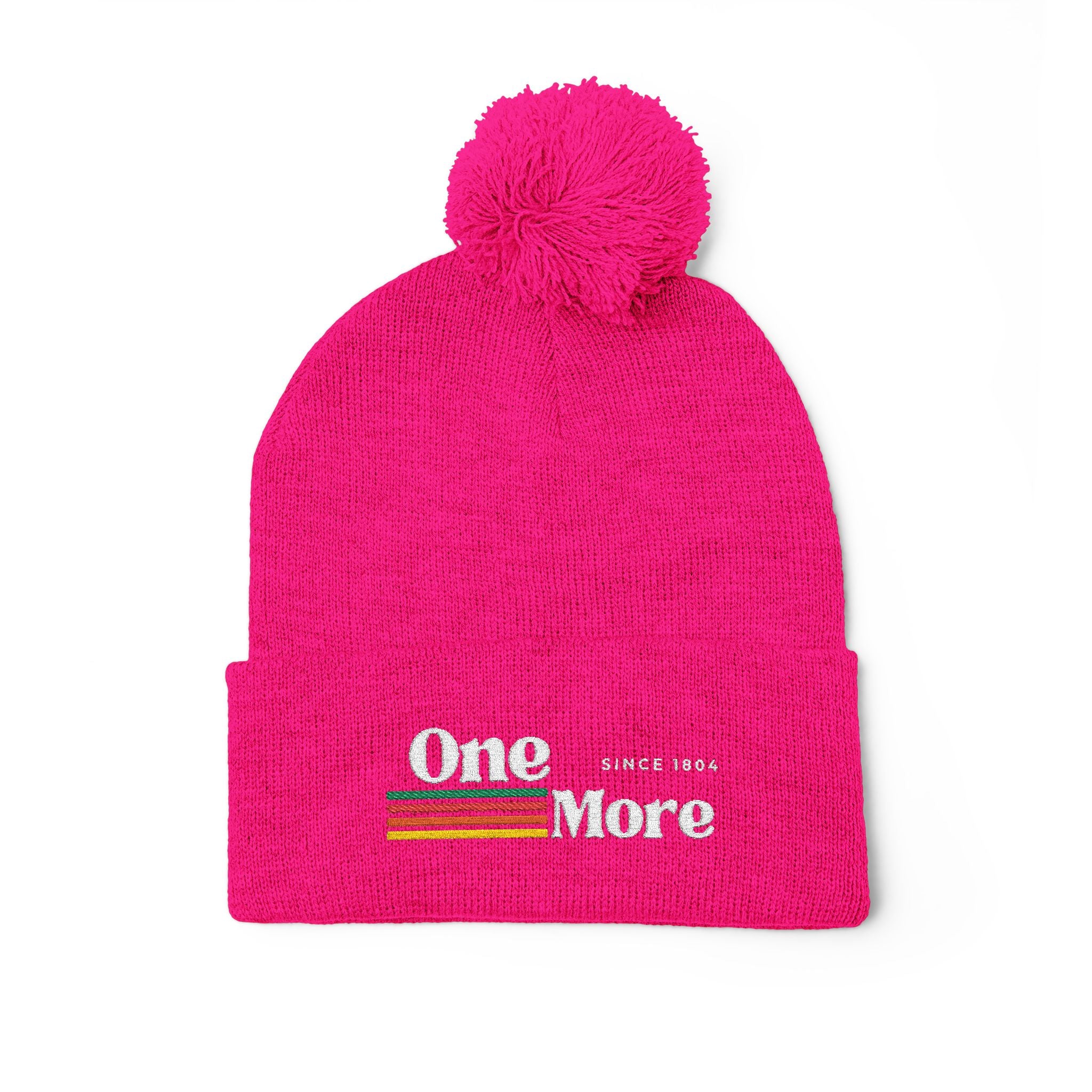 Pom-Pom Knit Cap — Embroidered "One More" Stripe Beanie