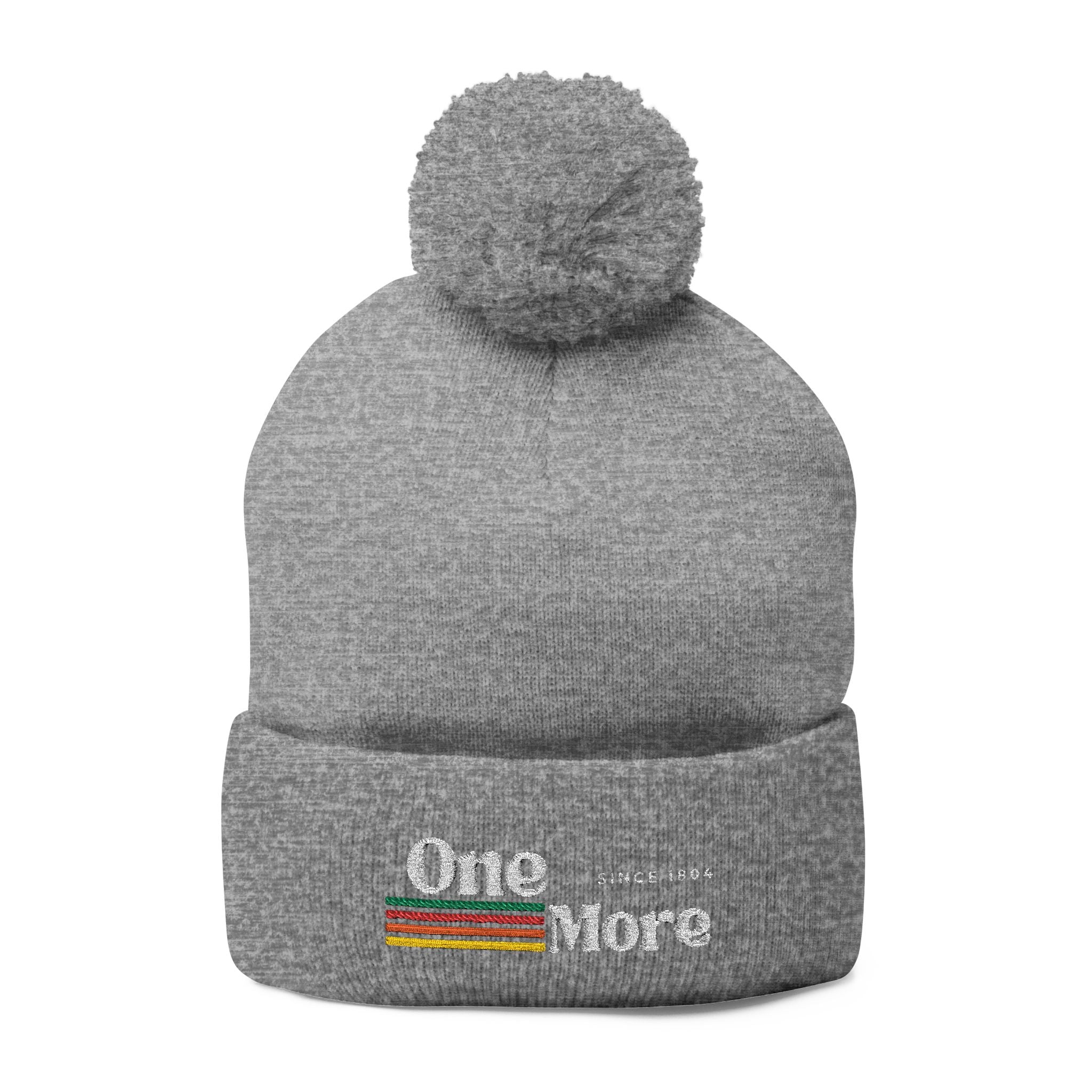 Pom-Pom Knit Cap — Embroidered "One More" Stripe Beanie