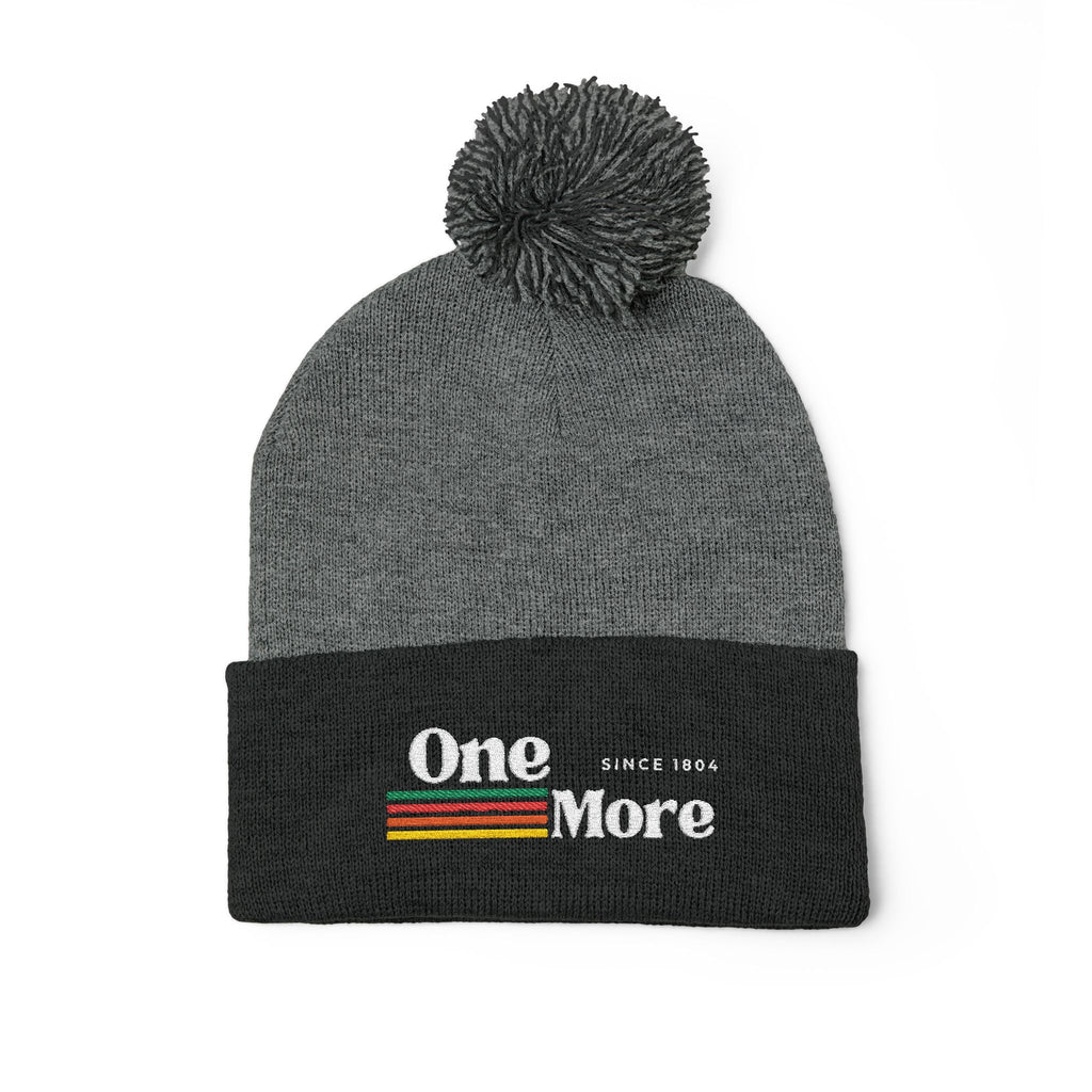 Pom-Pom Knit Cap — Embroidered "One More" Stripe Beanie