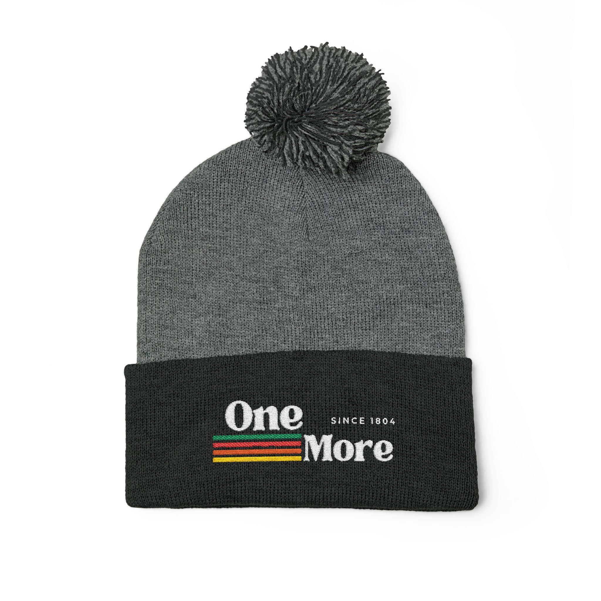 Pom-Pom Knit Cap — Embroidered "One More" Stripe Beanie