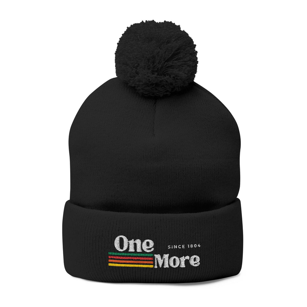 Pom-Pom Knit Cap — Embroidered "One More" Stripe Beanie