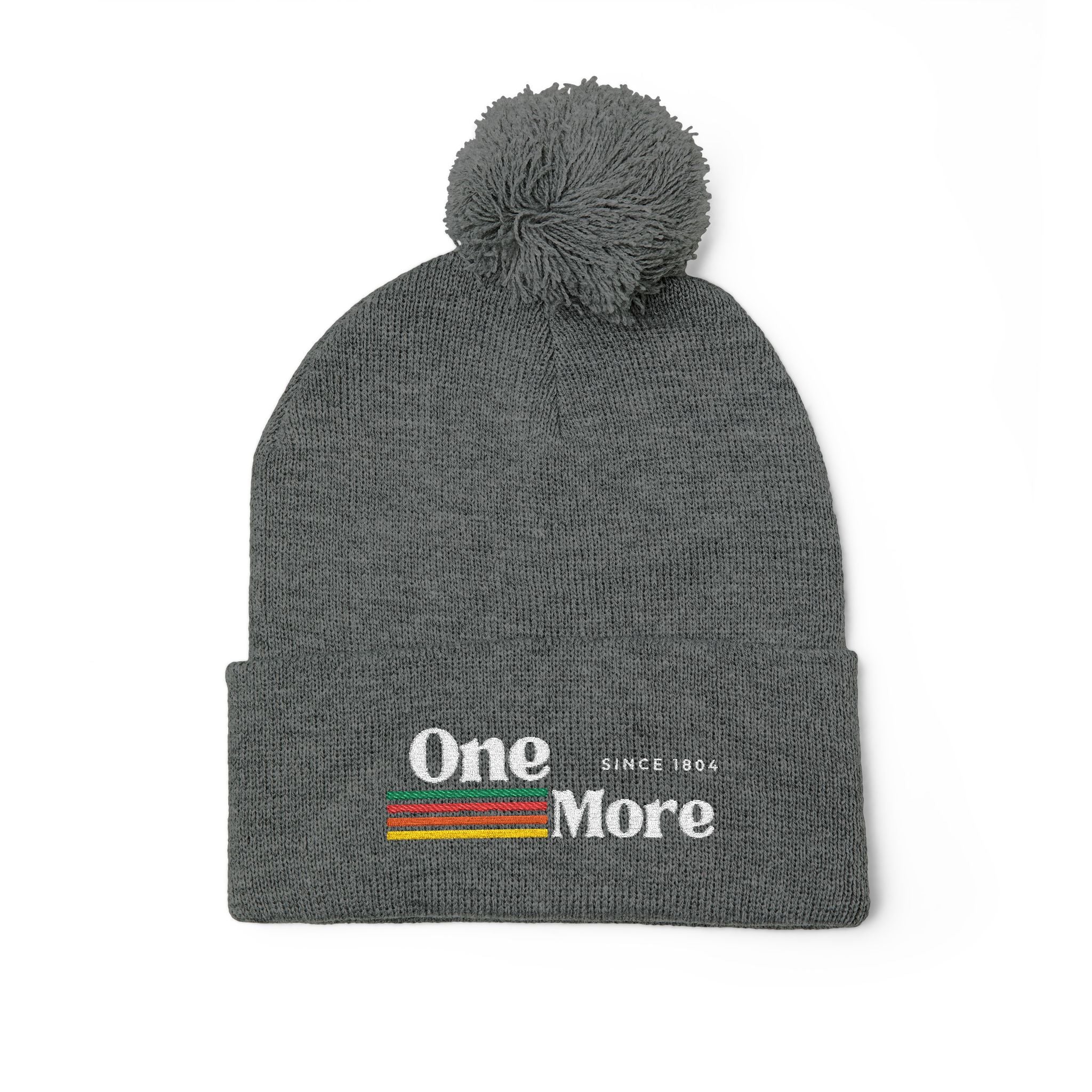 Pom-Pom Knit Cap — Embroidered "One More" Stripe Beanie