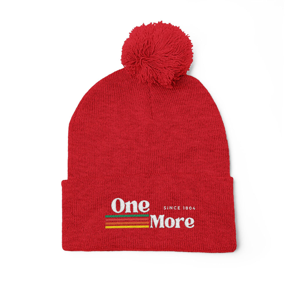Pom-Pom Knit Cap — Embroidered "One More" Stripe Beanie