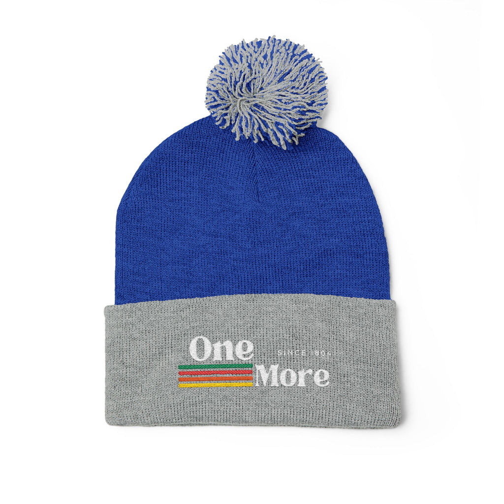 Pom-Pom Knit Cap — Embroidered "One More" Stripe Beanie