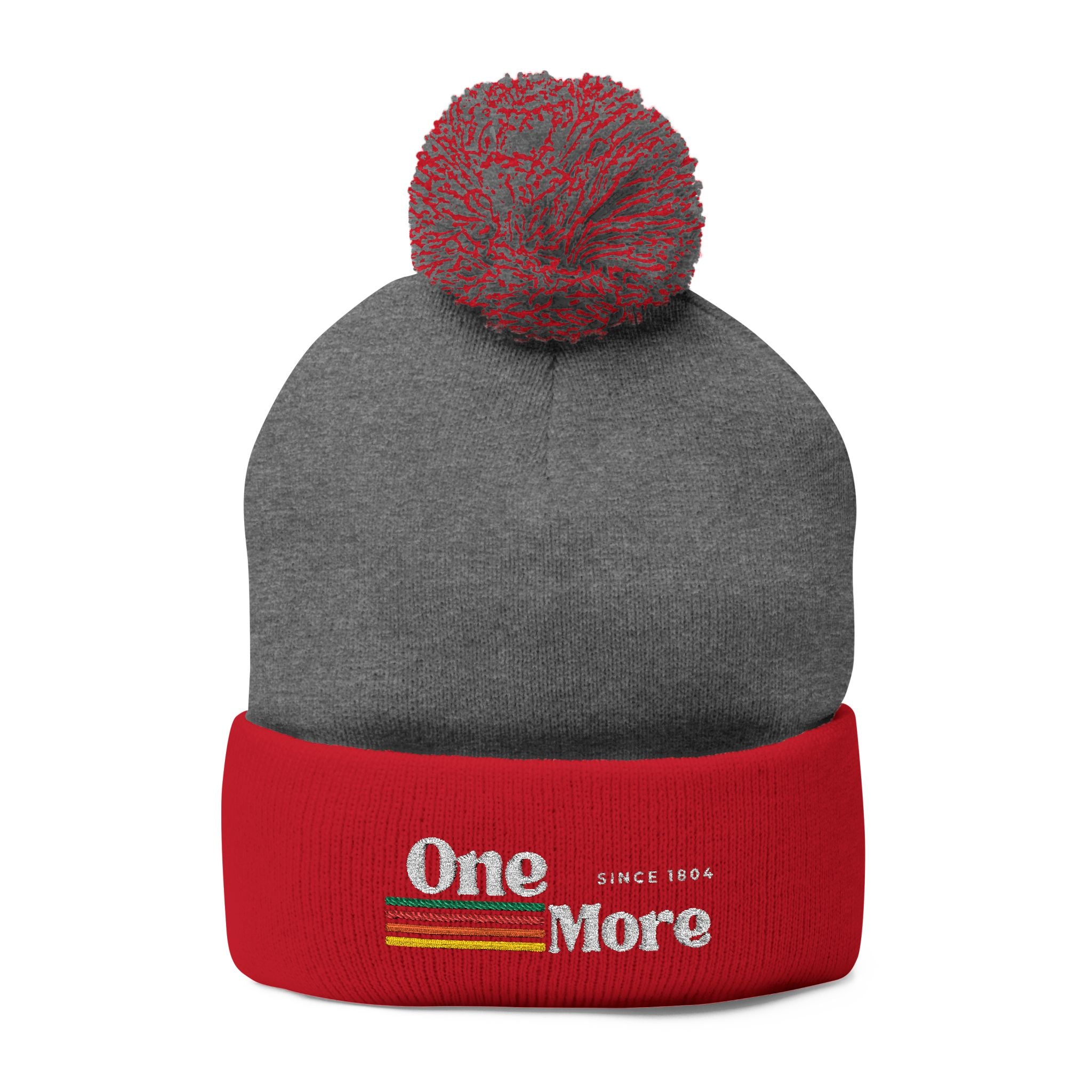 Pom-Pom Knit Cap — Embroidered "One More" Stripe Beanie
