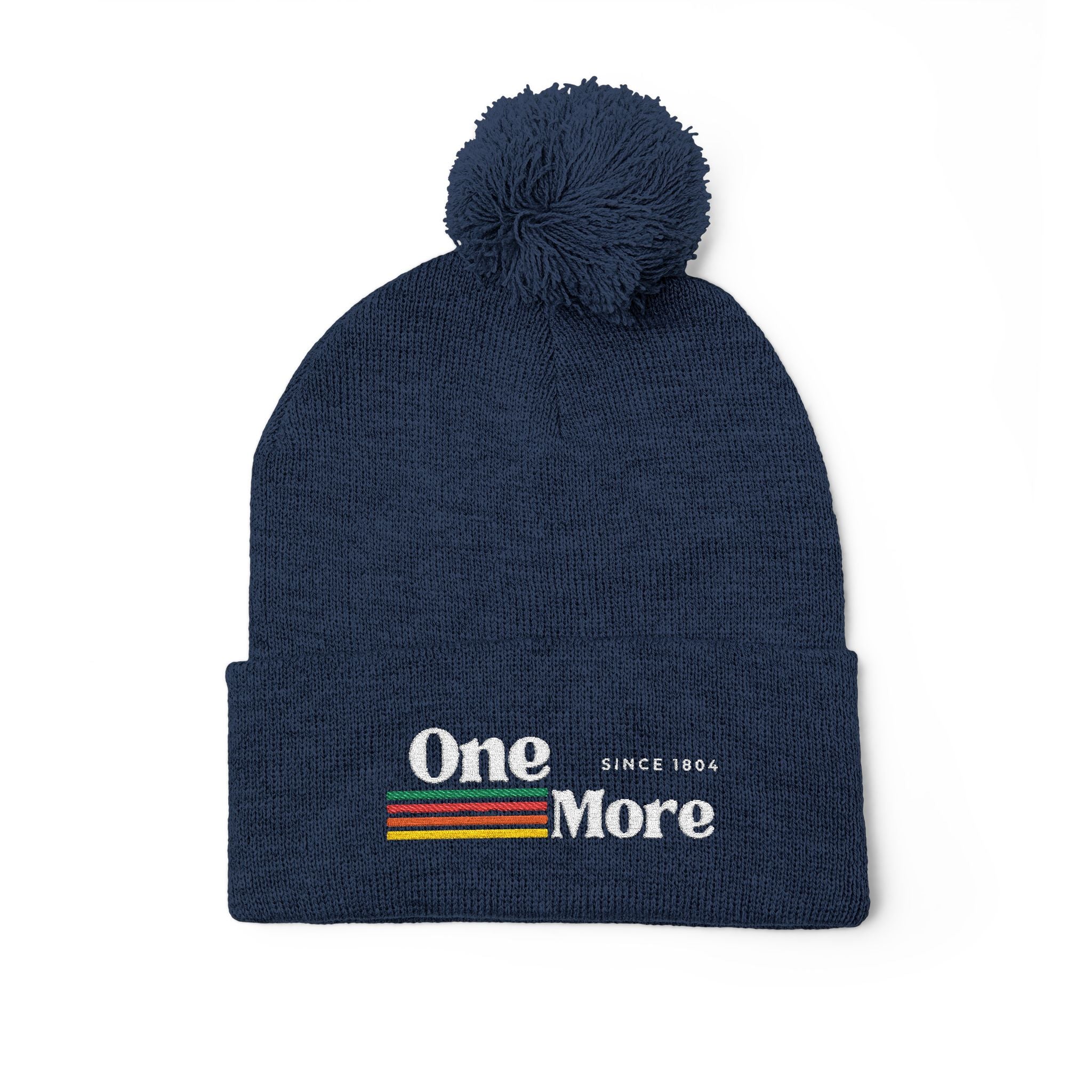 Pom-Pom Knit Cap — Embroidered "One More" Stripe Beanie
