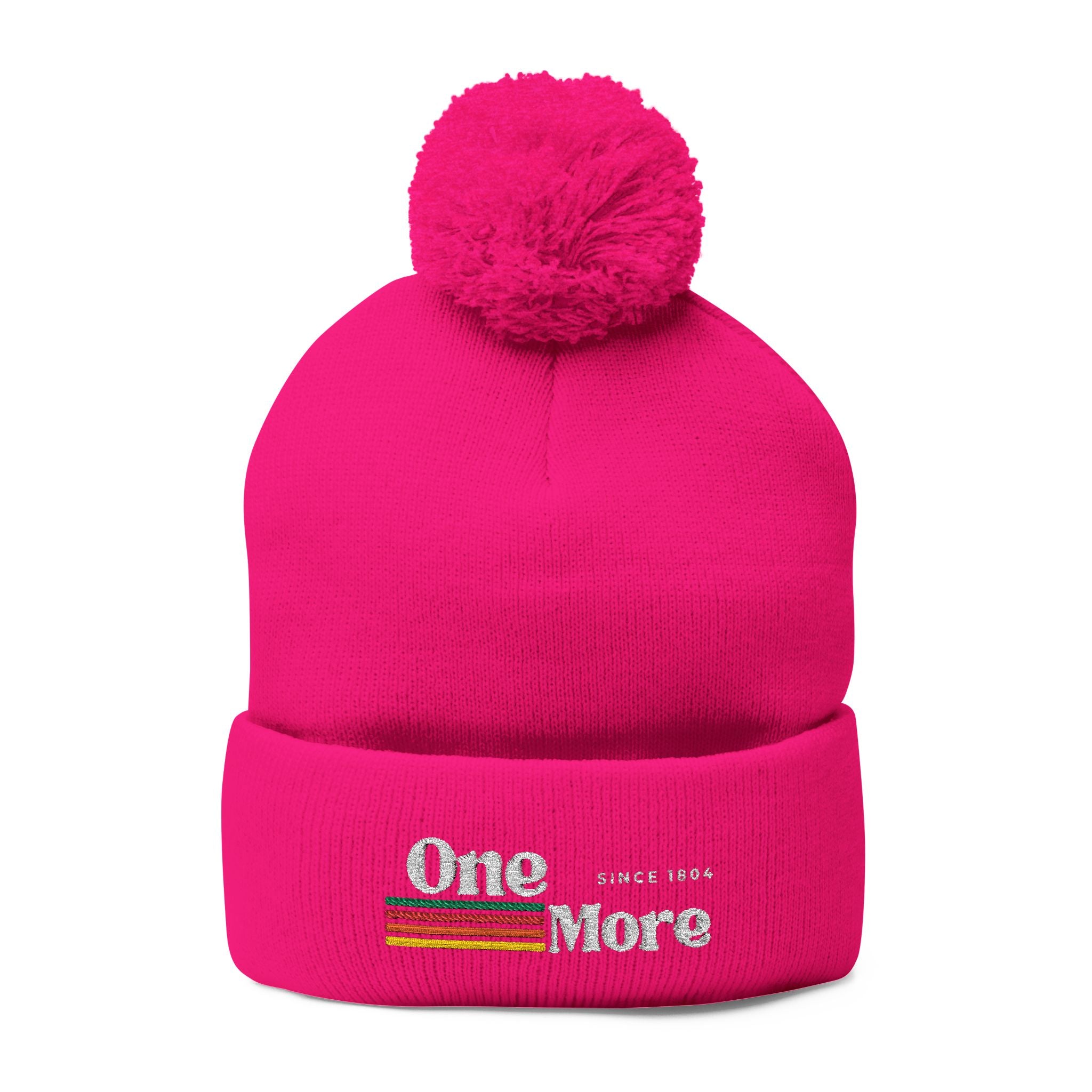 Pom-Pom Knit Cap — Embroidered "One More" Stripe Beanie