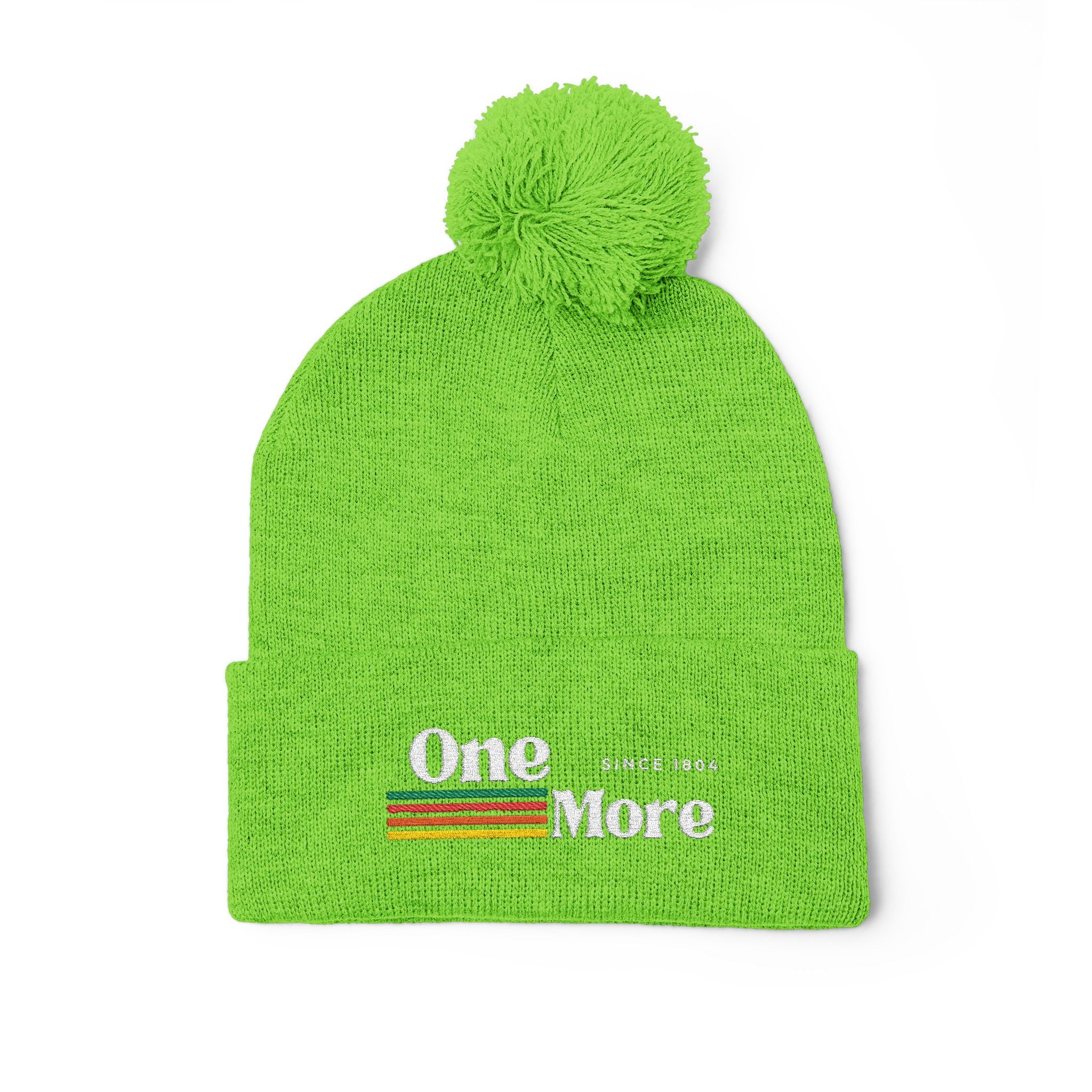 Pom-Pom Knit Cap — Embroidered "One More" Stripe Beanie