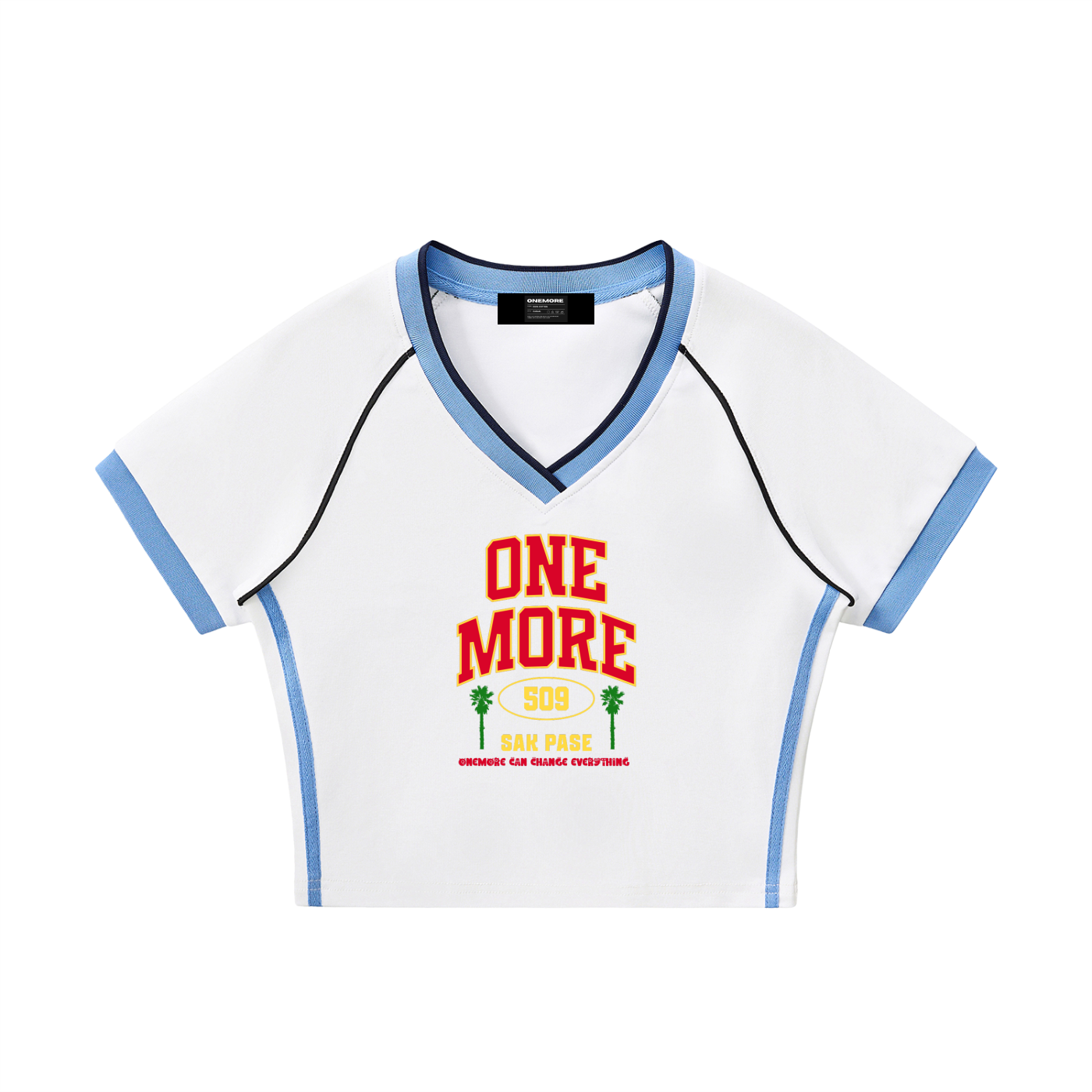 Contrast Trim V-Neck Crop T-Shirt ONEMORE 509